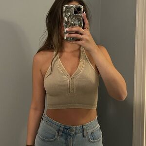 Free People Henley Crop Top Tan Size Small